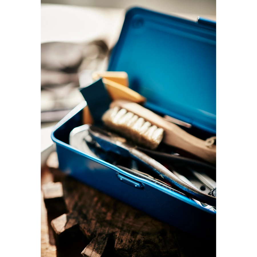 Toyo Steel T-190 Blue. Open view with various small items inside the matte blue steel box, showcasing its compact design and efficient organization. 0.4kg.