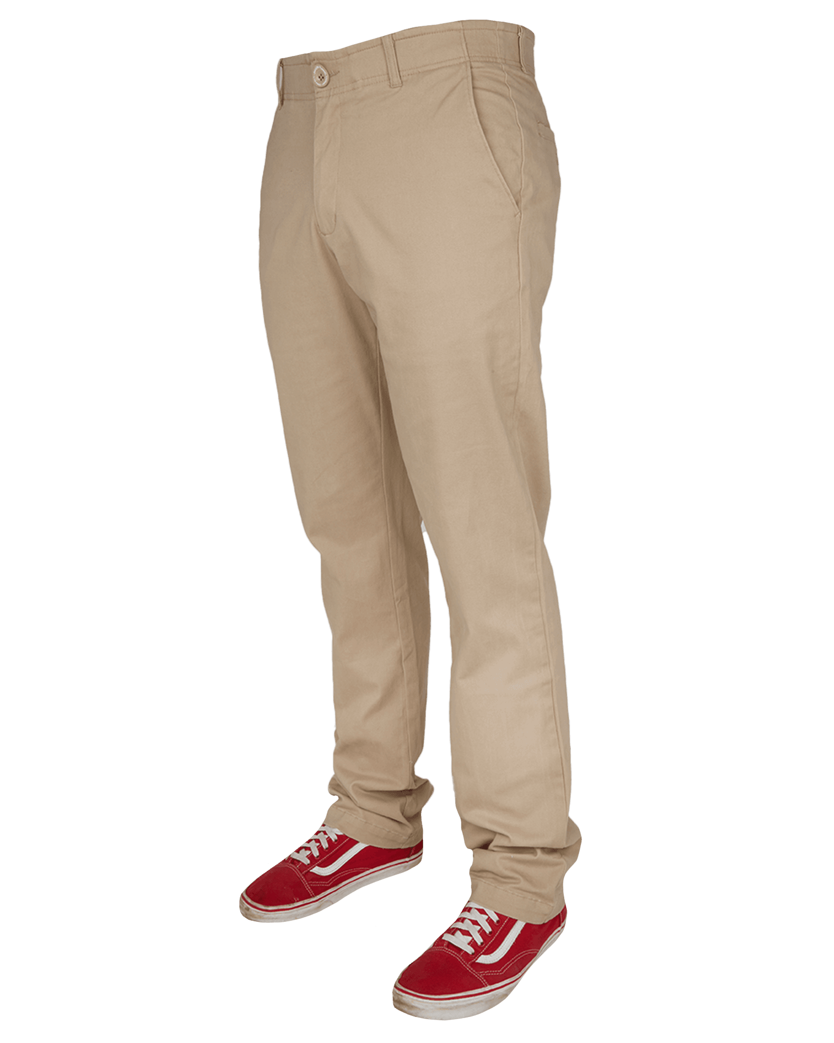 Dixxon Canada. Khaki Chino Pants. Side view highlighting the hidden stash pocket with zip closure and sleek profile on a stretch fabric.