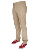 Dixxon Canada. Khaki Chino Pants. Side view highlighting the hidden stash pocket with zip closure and sleek profile on a stretch fabric.