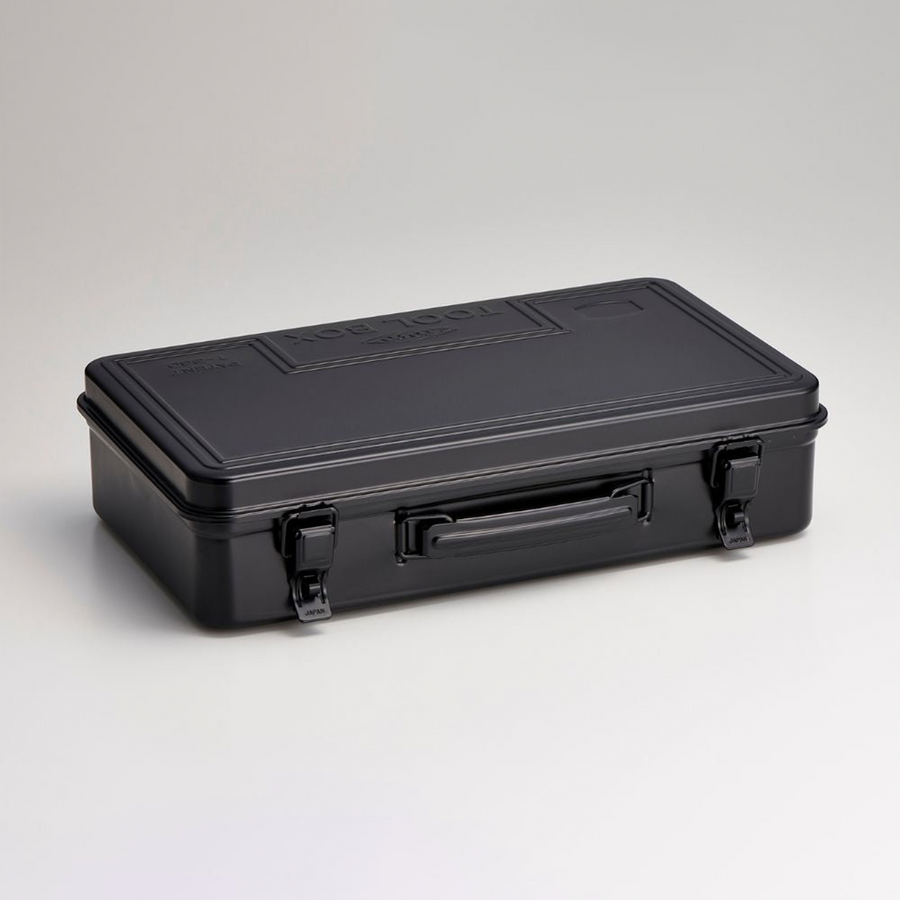 Toyo Steel T-360 Black. Glossy black steel toolbox, pressed from a single plate with a round handle and no sharp edges. Durable, stackable, and features a cylinder lock. 1.6kg.