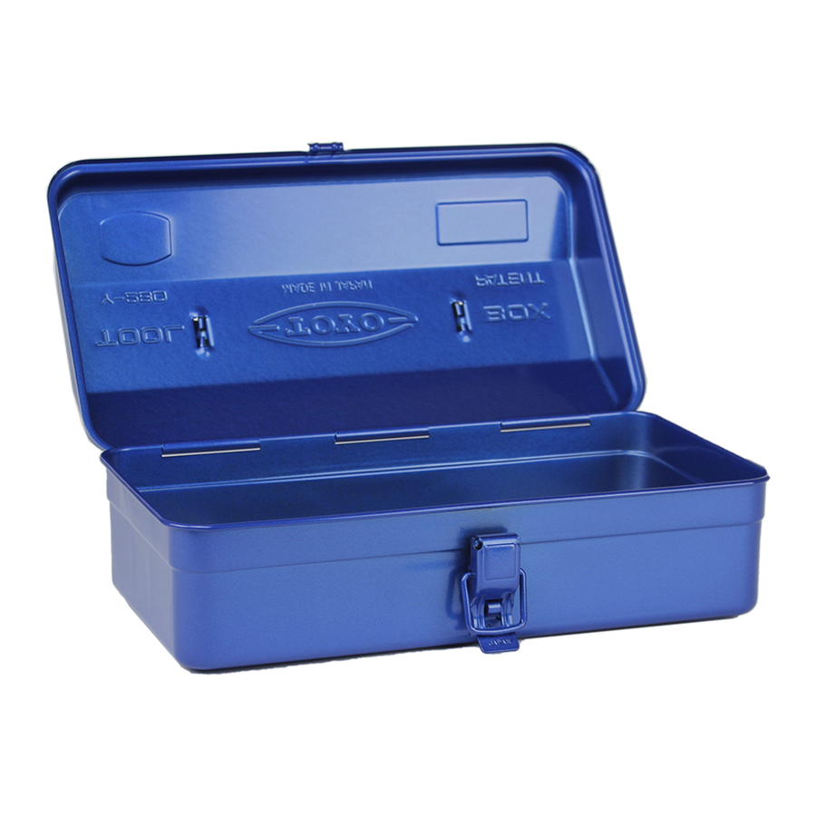 Toyo Steel Camber Top Y-280 Blue. Open lid showing spacious interior of glossy blue steel container, featuring a round handle and camber-top cover. 1.1kg.