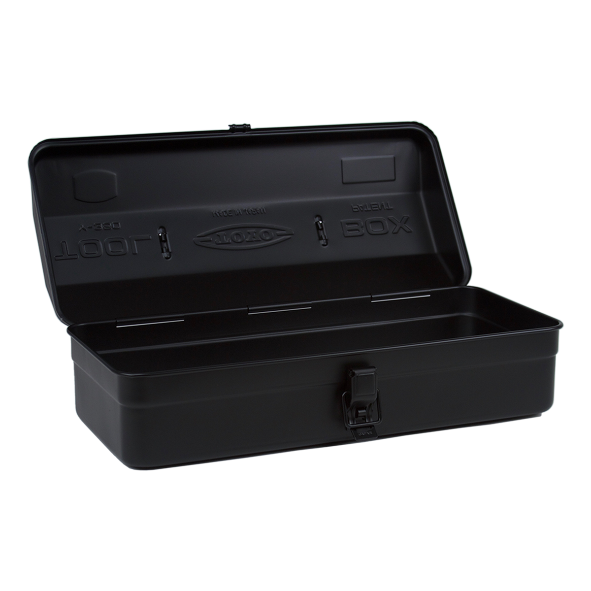 Toyo Steel Y-350 Black. Open lid reveals a spacious interior with a glossy black steel finish, featuring a round handle and camber-top design. 1.3kg.