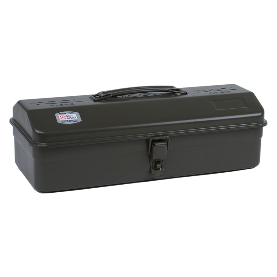 Toyo Steel Y-350 Moss Green. Durable moss green steel container featuring a sleek camber-top cover and a convenient round handle for versatile storage. 1.3kg.