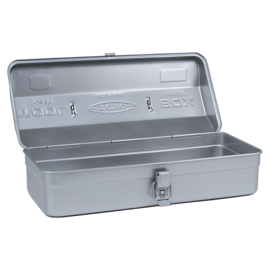 Toyo Steel Y-350 Glossy Silver. Open lid reveals a spacious interior with a glossy silver steel finish, featuring a round handle and camber-top design. 1.3kg.