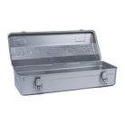 Toyo Steel Y-410 Camber Top Silver. Open lid reveals a spacious interior with a glossy silver steel finish, including a round handle and camber-top design. 1.5kg.